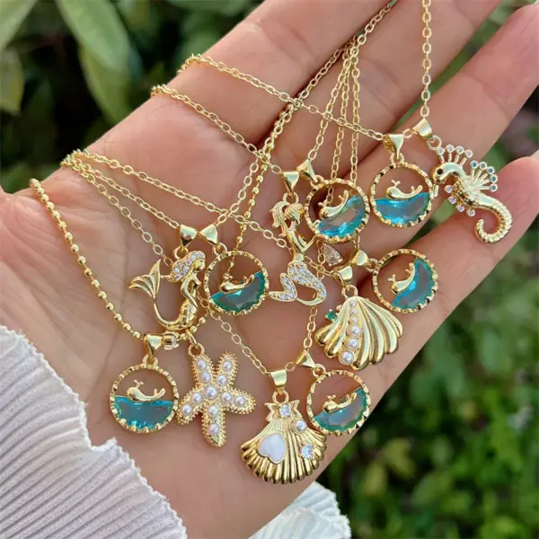 Wholesale Jewelry Retro Classic Style Hippocampus Mermaid Shell Copper Pearl Zircon 18K Gold Plated Inlay Pendant Necklace