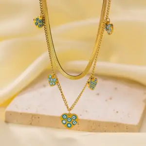 H1184【Eye Love Double Chain Necklace Gold】