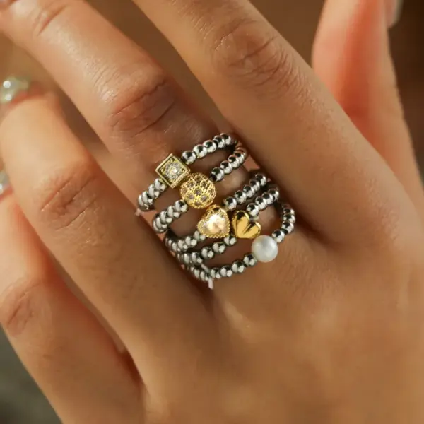 Wholesale 18K Gold Plated 304 Stainless Steel Vacuum Electroplating (In Furnace) Zircon Round Square Heart Mixed Color (Jewelry Metal Contrast) Electroplated Ring For Women Valentine's Day