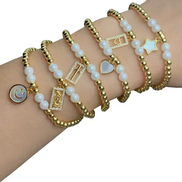 Wholesale Fashion Star Heart Shape Smile Face Copper Inlay Artificial Pearls Shell Zircon Bracelets