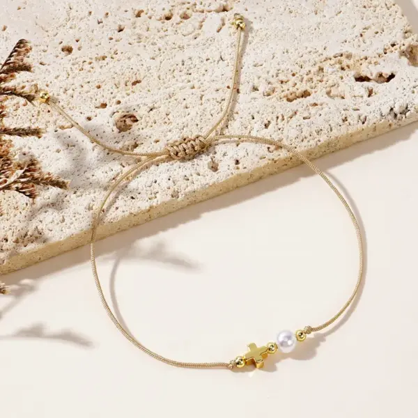 Wholesale Simple Style Classic Style Cross Imitation Pearl Polyester Copper Wholesale Drawstring Bracelets