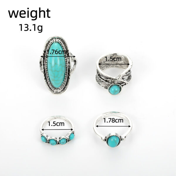 Wholesale Foreign trade new combination ring European and American retro bohemian feather large turquoise 4-piece set ring