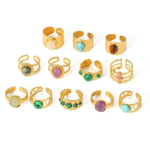 Wholesale 304 Stainless Steel C Shape Geometric Round PVD Coated Natural Stone 18K Real Gold Plated Real Gold Plated Basic Vintage Style Waterproof Non Tarnish Plating Inlay Open Rings