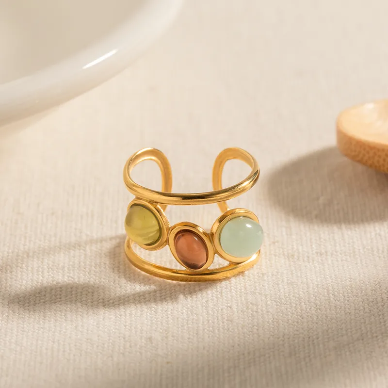 Wholesale Jewelry IG Style Retro Colorful 304 Stainless Steel Glass PVD Coated Plating Inlay Open Ring
