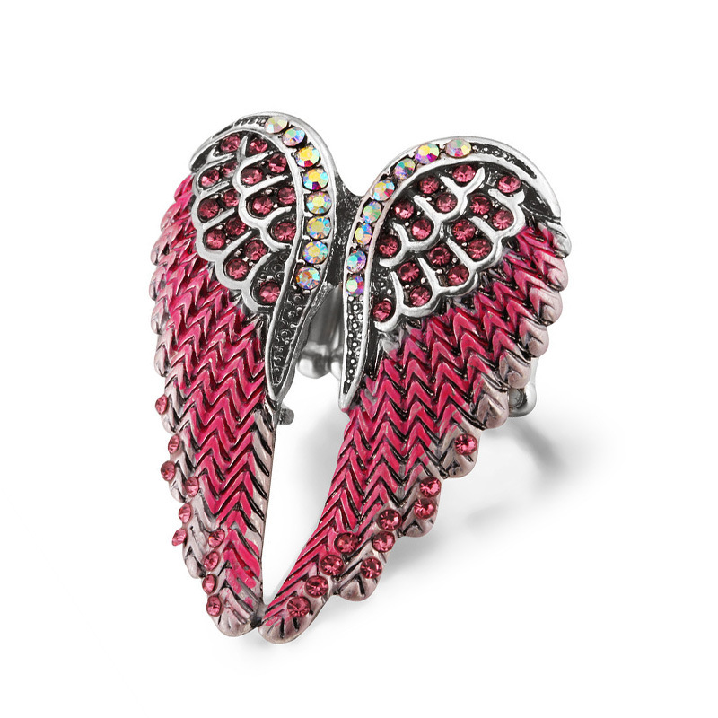 Wholesale Multi-color European and American Diamond-encrusted Three-dimensional Angel Wings Ring Elastic Adjustable Women's Ring Var Retro Women's Rin