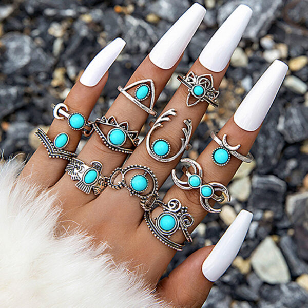 Wholesale new vintage ethnic style inlaid turquoise carved feather ring suit