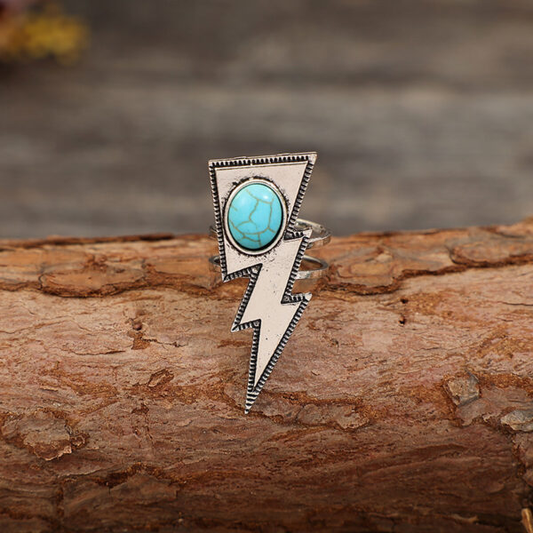 Wholesale Cross-border European and American independent station Western style retro creative lightning turquoise personality ring