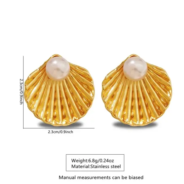Wholesale 304 Stainless Steel Plastic Scallop Shell Electroplating Artificial Pearls Imitation Gold French Style Classic Style IG Style Ear Studs