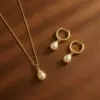 3pc Stainless Steel Waterproof And Non-Fading Stylish Women's Gold/Silver Water Drop Pearl Hoop Earrings Necklace Jewelry Set, Suitable For Women's Daily Wear