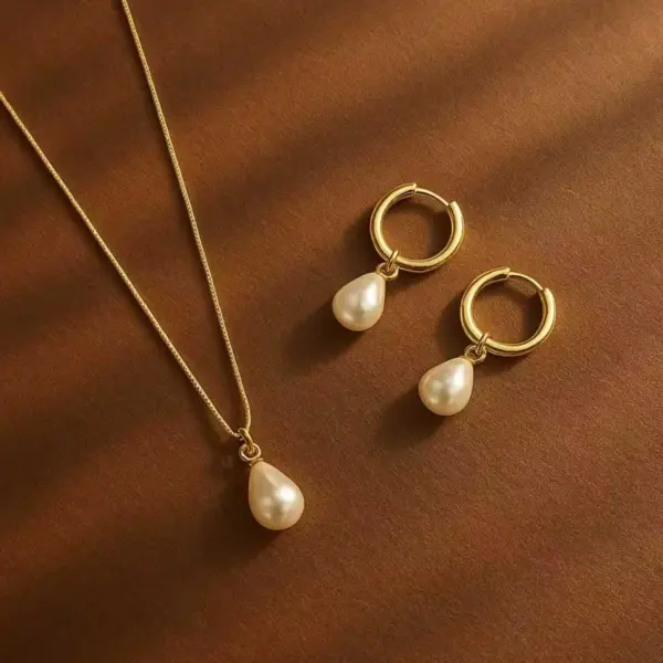 3pc Stainless Steel Waterproof And Non-Fading Stylish Women's Gold/Silver Water Drop Pearl Hoop Earrings Necklace Jewelry Set, Suitable For Women's Daily Wear