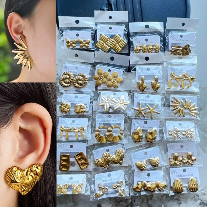 Wholesale Fashionable Geometric Hammered Stainless Steel Ear Cu Oil Press Sheet Vintage French Design Women's Simple Style Jewelry