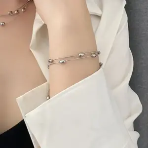 【XKB0071】Oval Bead Snake Chain Bracelet / Steel Color