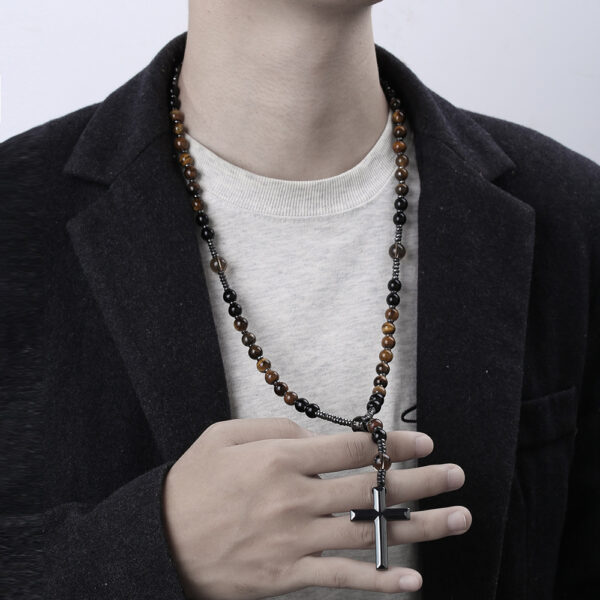 Wholesale Cross border hot sale natural stone black stone yellow tiger eye iron stone cross religious men's necklace men hip hop necklace