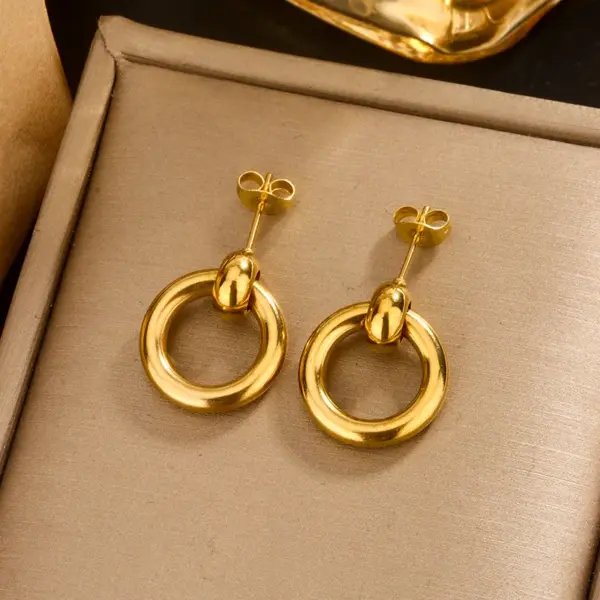 Wholesale Ion Plating (IP) 18K Gold Plated U Shape Double Ring Circle 304 Stainless Steel Vintage Style Waterproof Non Tarnish Earrings