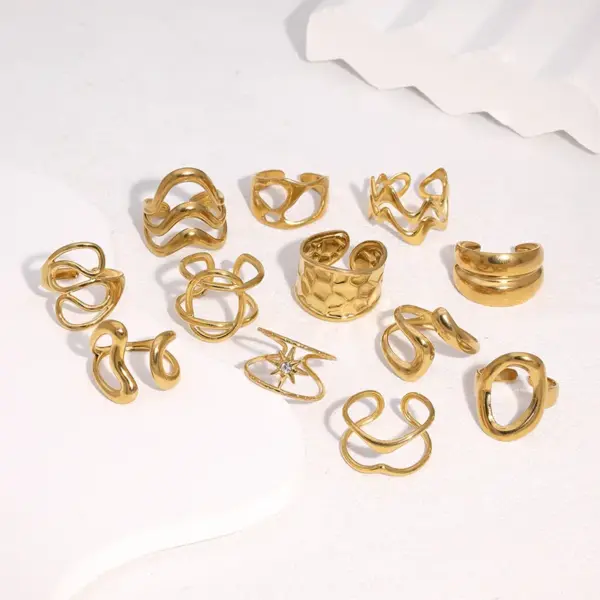 Wholesale Minimalist 304 Stainless Steel Open Ring Geometric Lines Minimalist Cold Style 18K Gold Plated Vacuum Electroplating Waterproof Non-Fading Eight-Pointed Star Oval Titanium Steel Ring For Women