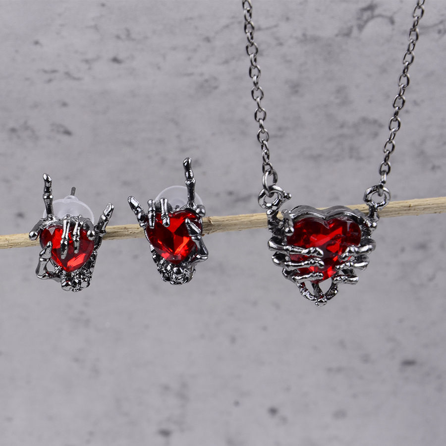 Wholesale Dark punk diamond heart necklace earrings