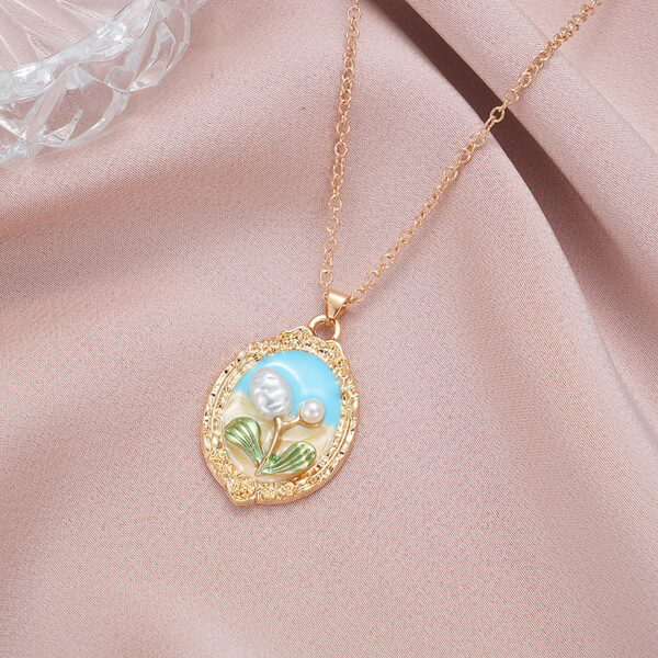 Wholesale Cross-border rose oil painting color pearl color necklace clavicle chain send flowers mother's day birthday gift girlfriends