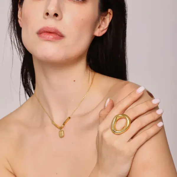 Wholesale PVD Coated Real Gold Plated 18K Gold Geometric 304 Stainless Steel Luxurious Vacation Waterproof Non Tarnish Rings Necklace