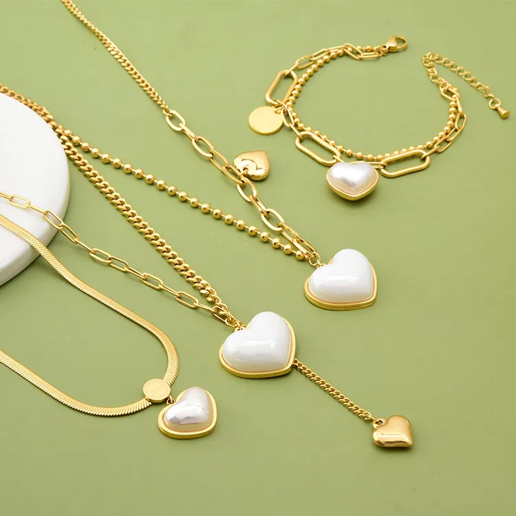 Wholesale Jewelry Fashion Heart Shape 304 Stainless Steel Artificial Pearls 18K Gold Plated Inlay Stainless Steel Jewelry Sets