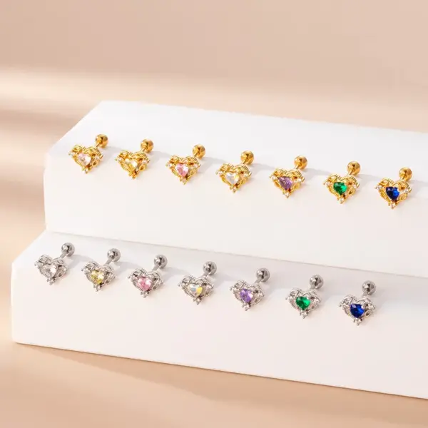 Wholesale 1 Piece 316L Stainless Steel Copper Zircon Ear Cartilage Rings & Studs Heart Shape Waterproof Non Tarnish Surgical Steel Women'S