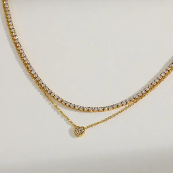 Geometric Heart Shaped Pendant Double Layer Necklace Bracelet Set Stainless Steel Plated 18K Gold Embedded Zirconia Elegant Jewelry