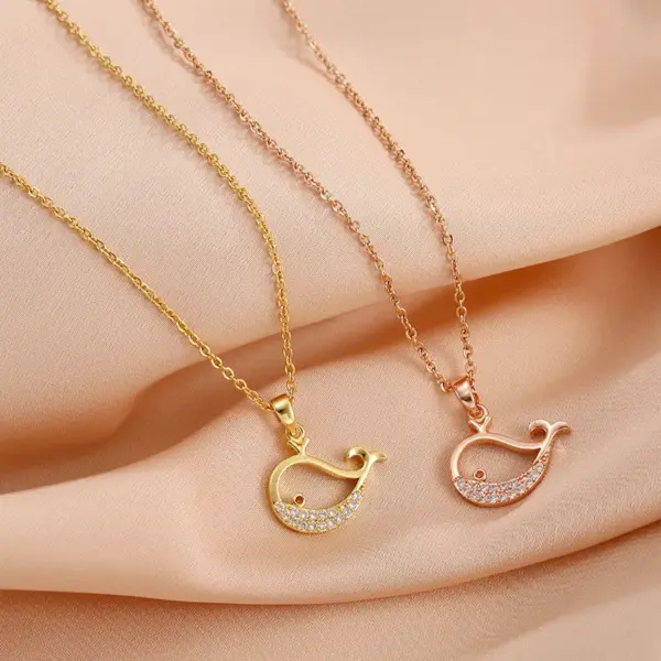 Wholesale Copper 18K Gold Plated Cute Plating Hollow Out Inlay Whale Zircon Pendant Necklace