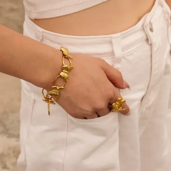 PVD Coated Real Gold Plated Butterfly 304 Stainless Steel Elegant Retro Waterproof Non Tarnish Open Rings