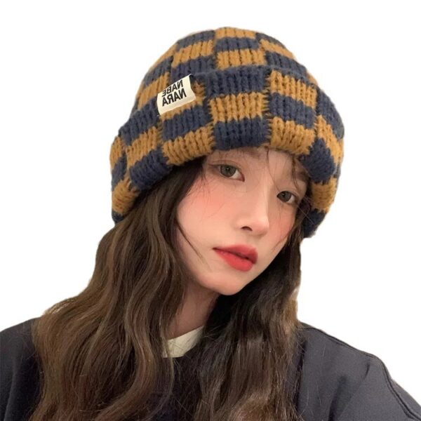 oly-783e7b759a6b35d6693d96153dd5d592 Wholesale Chessboard Plaid Knitted Hat Women's Autumn and Winter New Korean Style Niche Big Head Wool Hat Shown Face Small Warm Hat