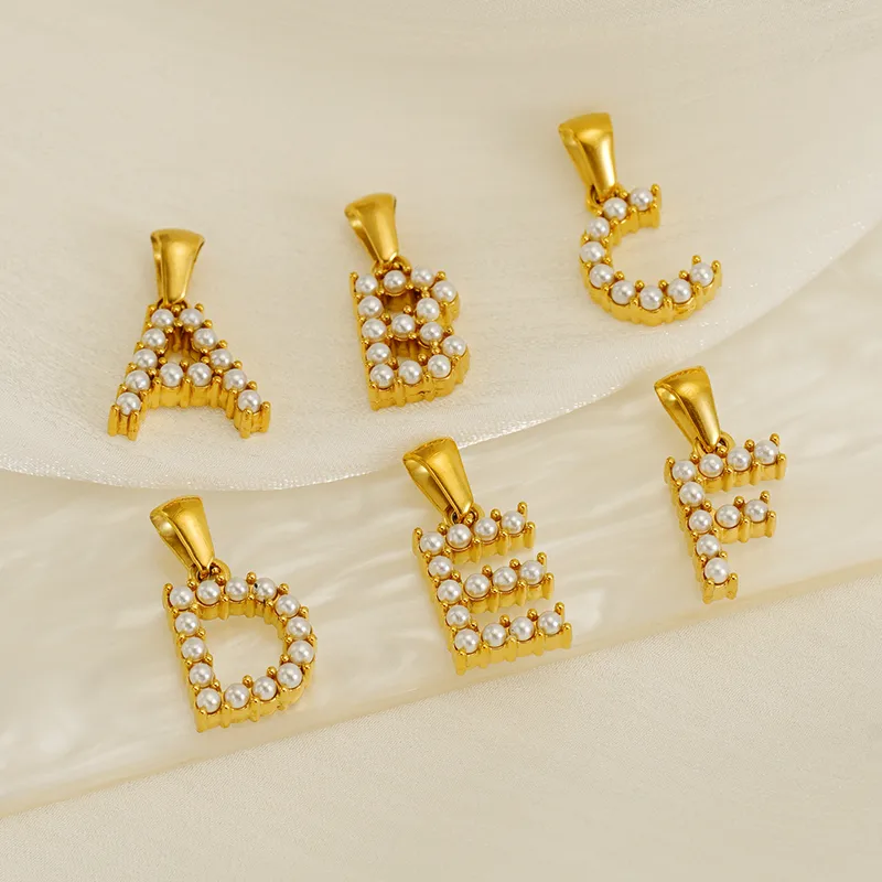 Wholesale 1 Piece 304 Stainless Steel Artificial Pearls 18K Gold Plated Letter lished Pendant