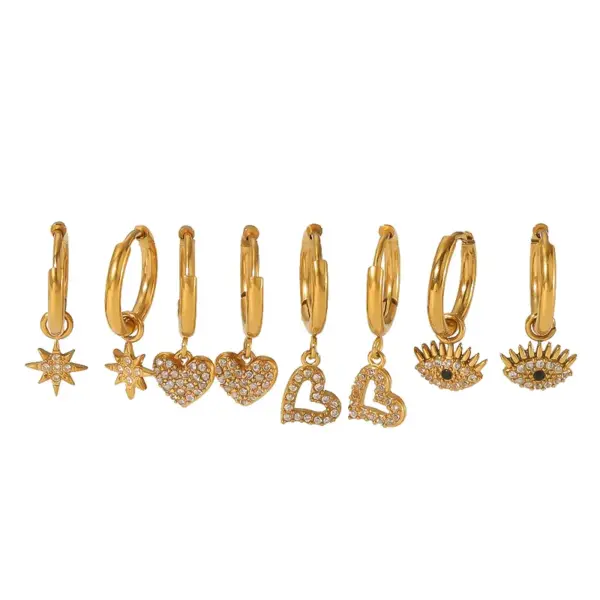 Wholesale PVD Coated Real Gold Plated Hexagram Heart Shape Eye 304 Stainless Steel Streetwear Waterproof Non Tarnish Drop Earrings