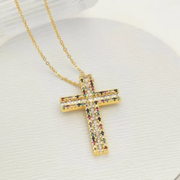 Wholesale Jewelry Commute Cross 201 Stainless Steel Glass Zircon Gold Plated Silver Plated Inlay Stainless Steel Necklaces