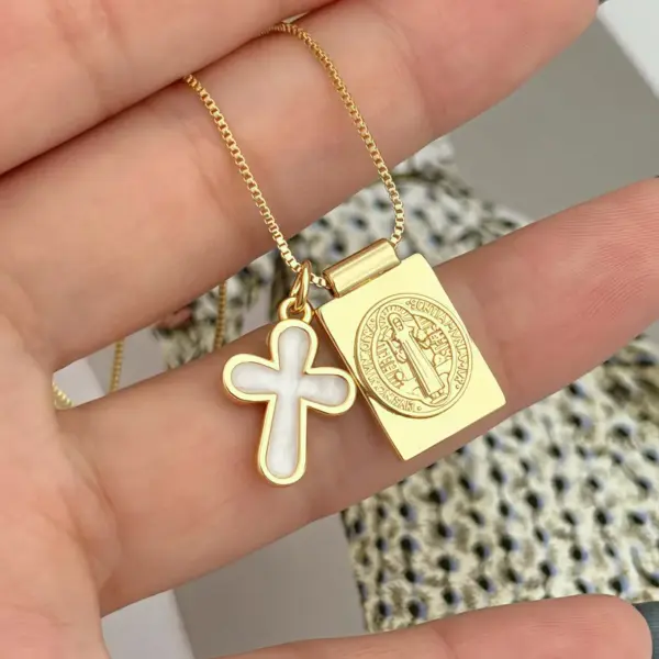 Wholesale Casual Copper Plated 18K Gold Drip Necklace Religious Symbol Pattern/Heart/FE Letter/Cross Double Pendant Jewelry Gift For Men And Women