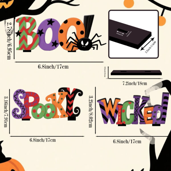 oly-789fcc1ea65a8f08a9a45c120eed73cf Wholesale 3 Halloween-themed wooden figurines with colorful speckled letters and bases; Halloween desktop wooden figurines.