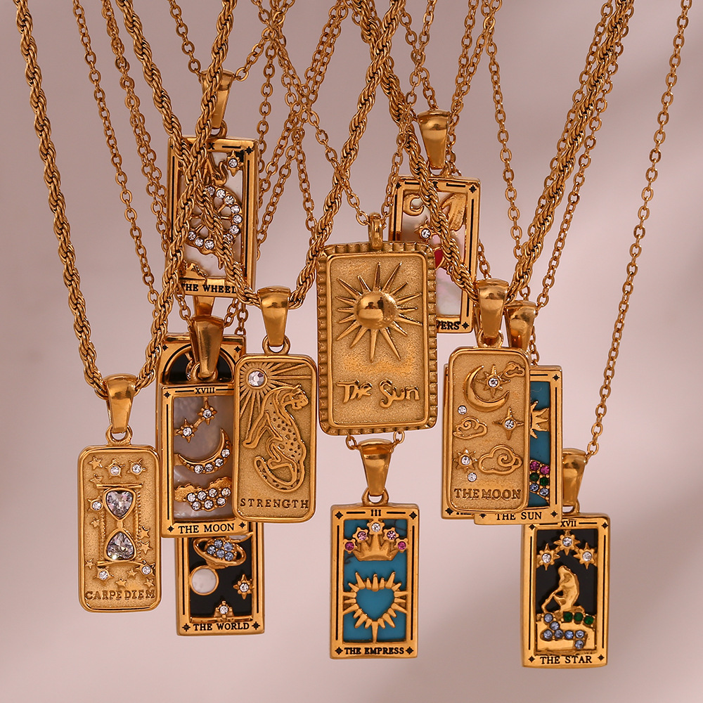 Wholesale European and American Ins Fashion Retro pular Hot Pendant Jewelry Stainless Steel Rectangular Oil opping Zircon Tarot Necklace