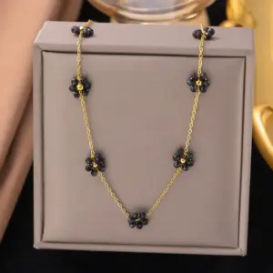 [Ah1271] 12 Black Flower Necklace / Gold