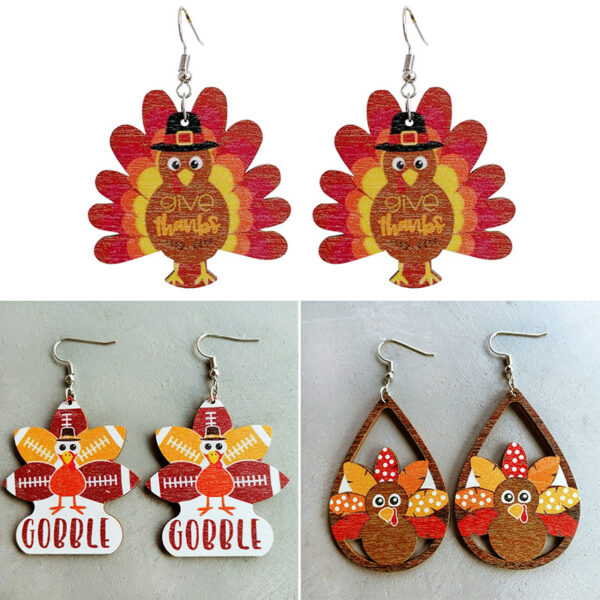 Wholesale Thanksgiving Turkey Water Drop Polka Dot Wooden Earrings