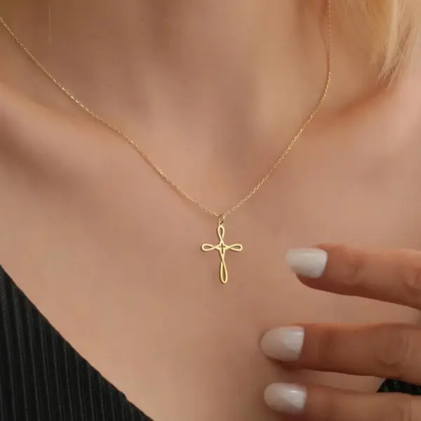 Wholesale 304 Stainless Steel Cross Ion Plating (IP) 18K Real Gold Plated Classical Basic Bohemian Waterproof Non Tarnish Cable Chain Pendant Necklace
