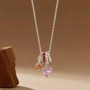 X08286 [Copper Pendant] Pink Diamond Heart Necklace - / Silver
