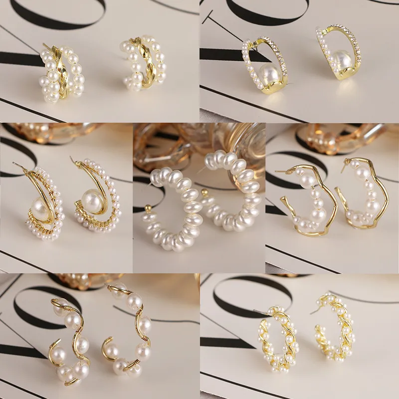 Wholesale Unisex Fashion Geometric Alloy Artificial Gemstones Earrings Pearl Plating Metal Hoop Earrings