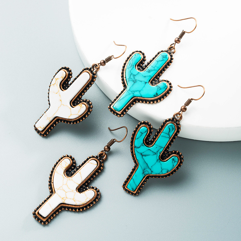 Wholesale Cross-border Amazon independent station Western style cactus earrings creative turquoise personality exaerated earrings