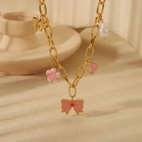 Wholesale Jewelry Romantic Heart Shape Flower Bow Knot 304 Stainless Steel 18K Gold Plated Exy Plating Bracelets Earrings Necklace