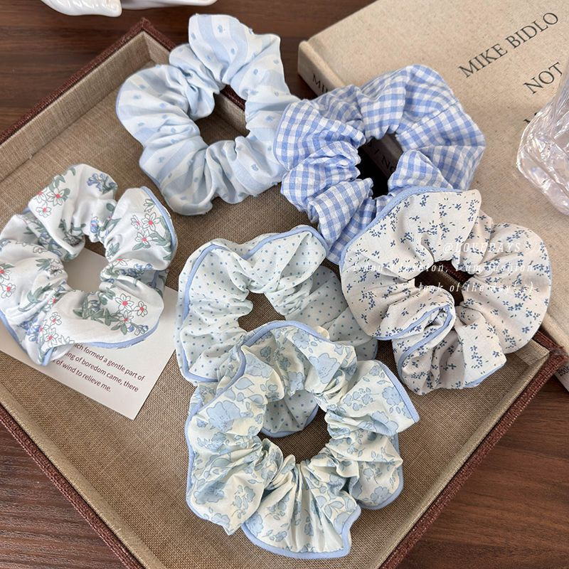 Wholesale Haiyan Blue Wave Dot Floral Plaid Large Intestine Collet Hair Rope Sweet All-match Fabric Hair Strap Hair Aessories