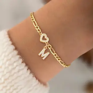Wholesale 201 Stainless Steel Copper Inlay Letter Heart Shape Zircon Copper Bracelets