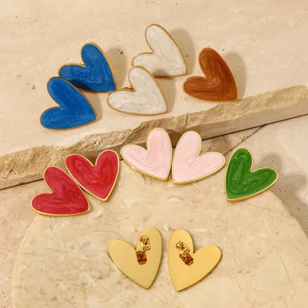Wholesale 316 Stainless Steel Heart Shape PVD Coated Stone-Free Real Gold Plated Simple Style Classic Style Waterproof Non Tarnish White Pink Red Earrings Necklace