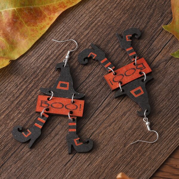 Wholesale Cross-border New Halloween Gothic Wind Witch Hat Boots BOO Triple Stitching Pendant Wooden Double-sided Earrings