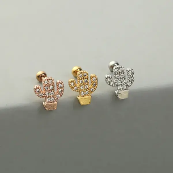 Wholesale Fashion Cactus Pineapple Copper Ear Studs Inlay Zircon Copper Earrings 1 Piece