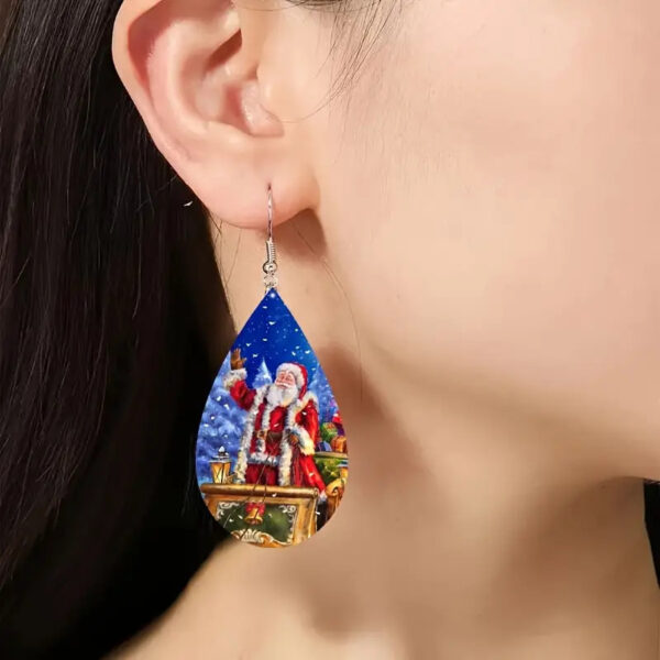 Wholesale Christmas-themed double-sided patterned teardrop wooden earrings