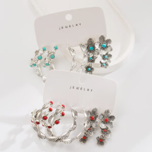 Wholesale Western Style Red Turquoise Earrings Set Geometric Flower Elements Ethnic Style Earrings Set