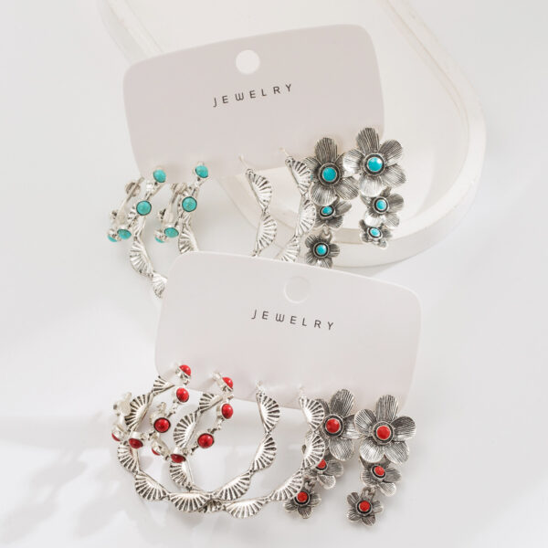 oly-796160341816ba70f490ea9e30810f56 Wholesale Western Style Red Turquoise Earrings Set Geometric Flower Elements Ethnic Style Earrings Set