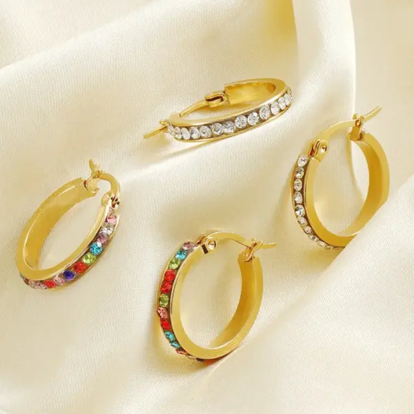 Wholesale 1 Pair Lady Geometric Inlay Titanium Steel Rhinestones 18k Gold Plated Hoop Earrings